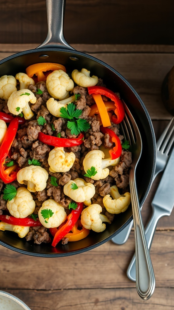 A hearty skillet of ground beef with cauliflower and bell peppers, garnished with parsley.